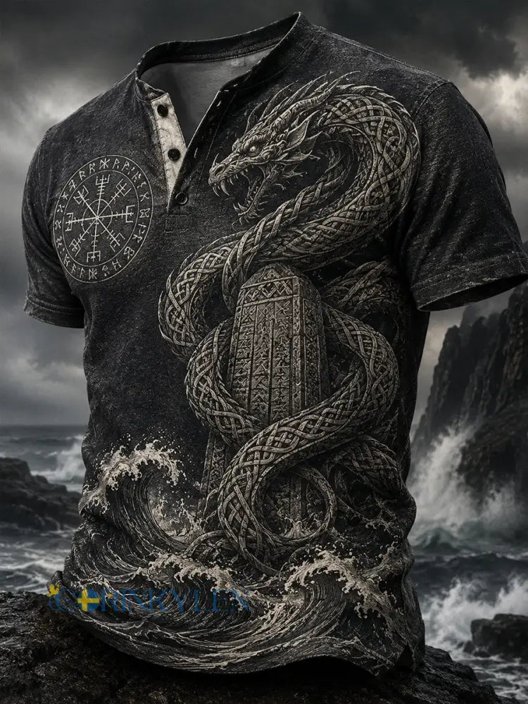 Retro norsk viking nordisk stil konsttryck avslappnad Henley-tröja - A / S