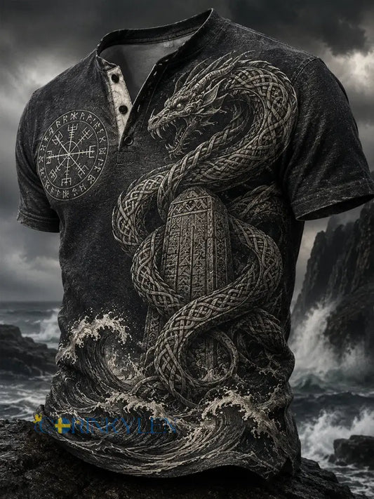 Retro norsk viking nordisk stil konsttryck avslappnad Henley-tröja - A / S