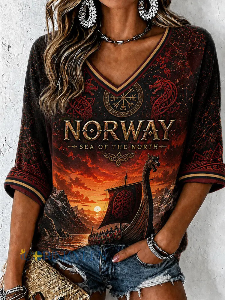 Retro norsk viking skandinavisk folkkonsttryck avslappnad topp - A / S