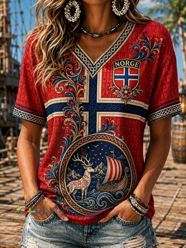 Retro norsk viking skandinavisk folkkonsttryck avslappnad topp - A / S
