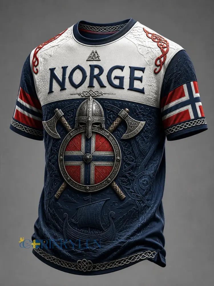 Retro norsk vikingesköld och stridsyxan – ledig t-shirt - som bild / S