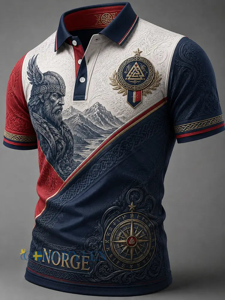 Retro norsk vikingkrigare nautisk konst polotröja - som bild / S