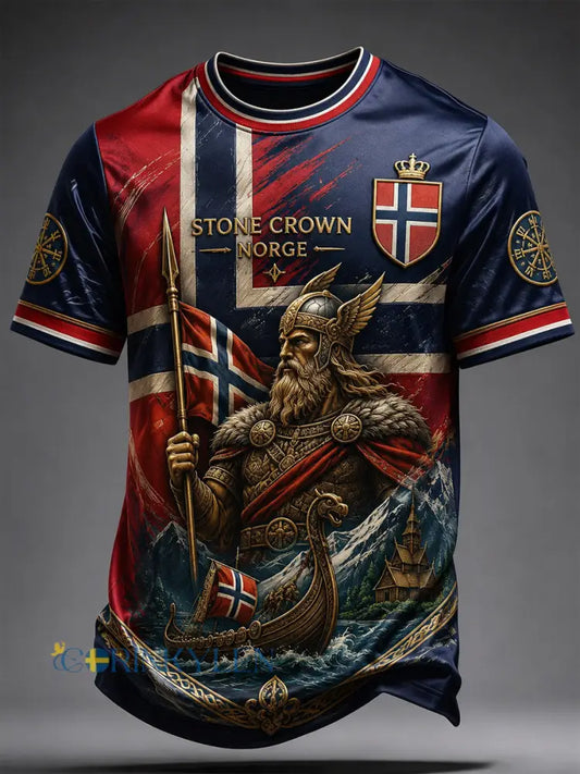 Retro norsk vikingkrigsman konst avslappnad t-shirt - som bild / S