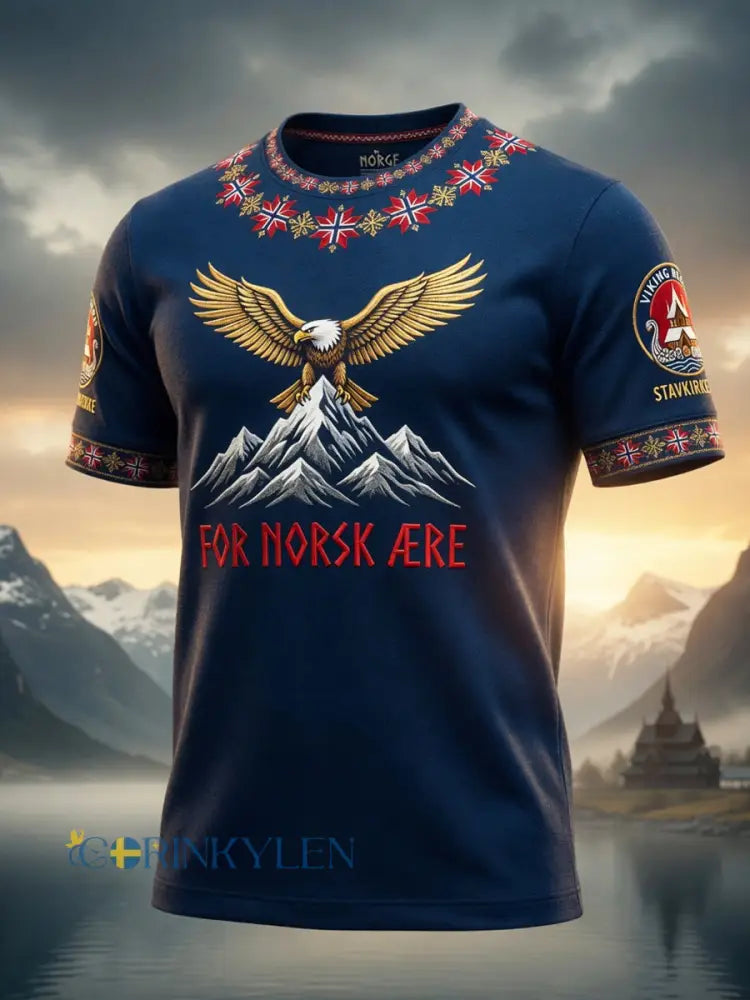 Retro Norska Örnen Snöfjäll Konst Casual T-shirt - som bild / S