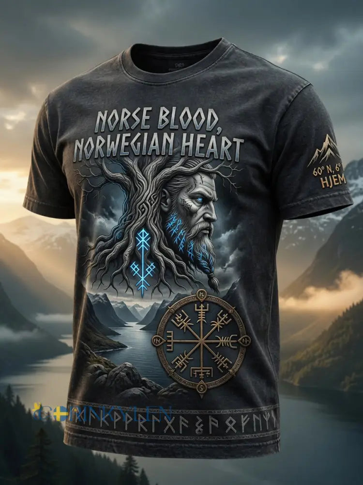 Retro Norska Tribal Art Casual T-shirt - som bild / S