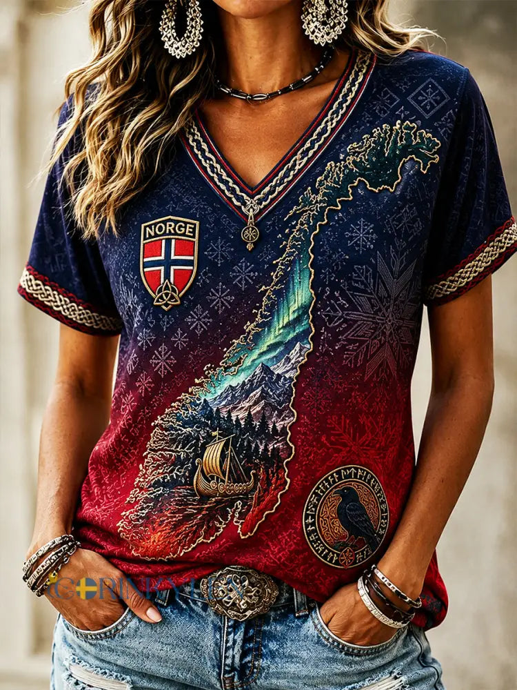 Retro Norska Viking Skandinavisk folkkonst Skriv ut Casual Topp - A / S