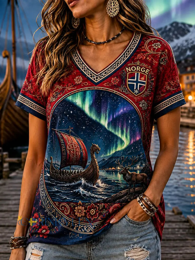 Retro Norska VikingScandinavianNordisk grafisk stil Casual T-shirt - A / S