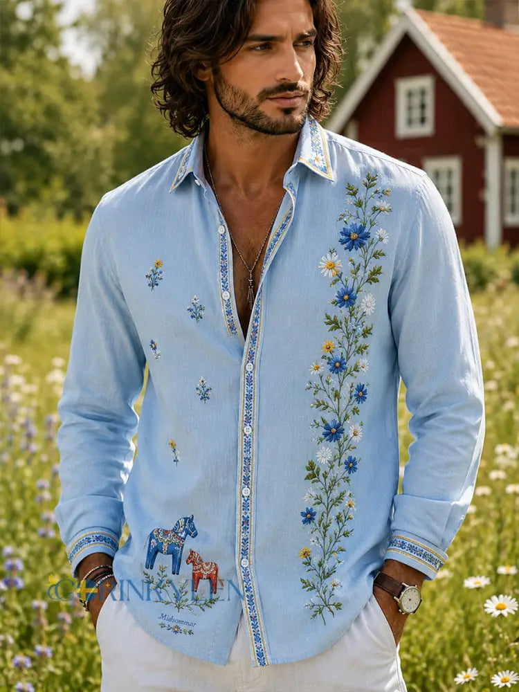 Retro svensk blommig dalahästkonsttryck avslappnad skjorta - A / S