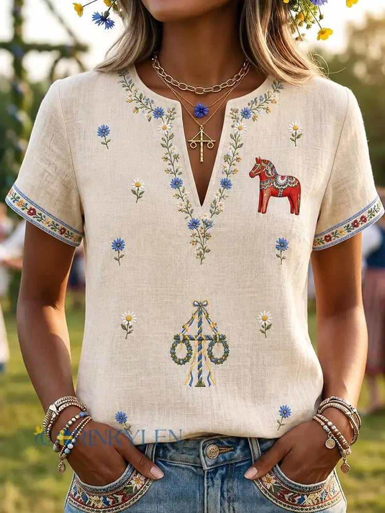 Retro svensk blommig dalahästkonsttryck avslappnad topp - A / S