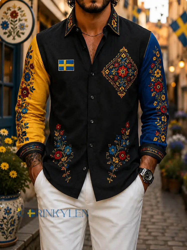 Retro svensk blommig Dalahästtryckt vardagsskjorta - A / S