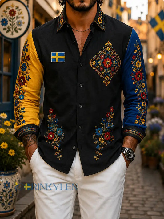 Retro svensk blommig Dalahästtryckt vardagsskjorta - A / S