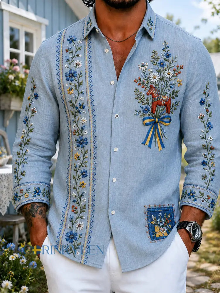 Retro svensk blommig Dalahästtryckt vardagsskjorta - A / S