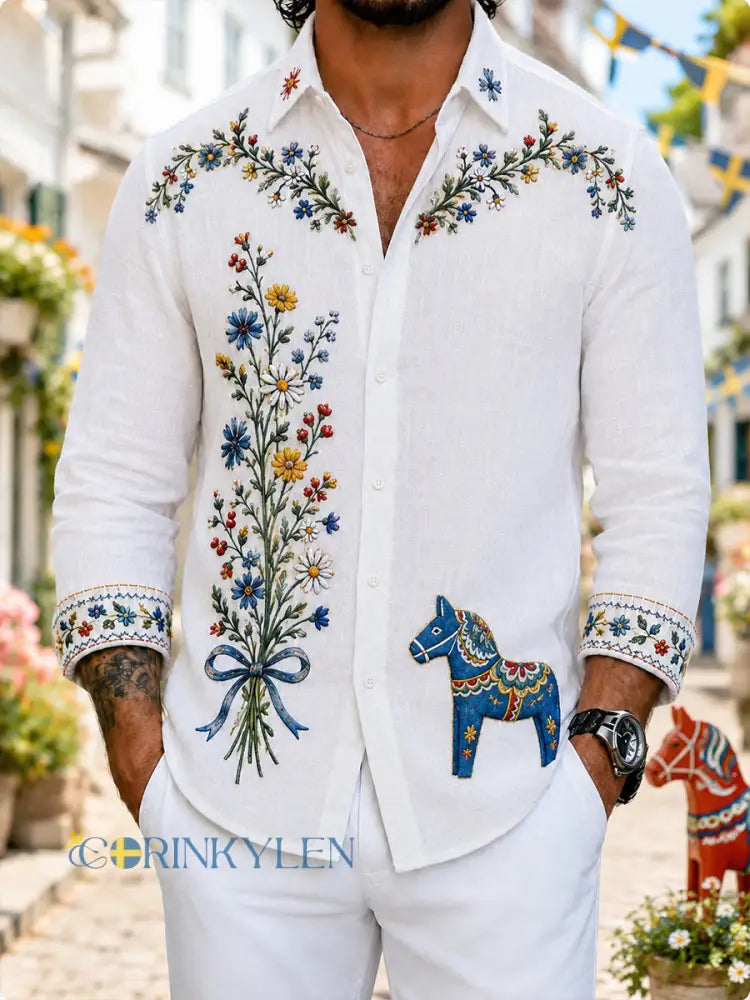 Retro svensk blommig Dalahästtryckt vardagsskjorta - A / S