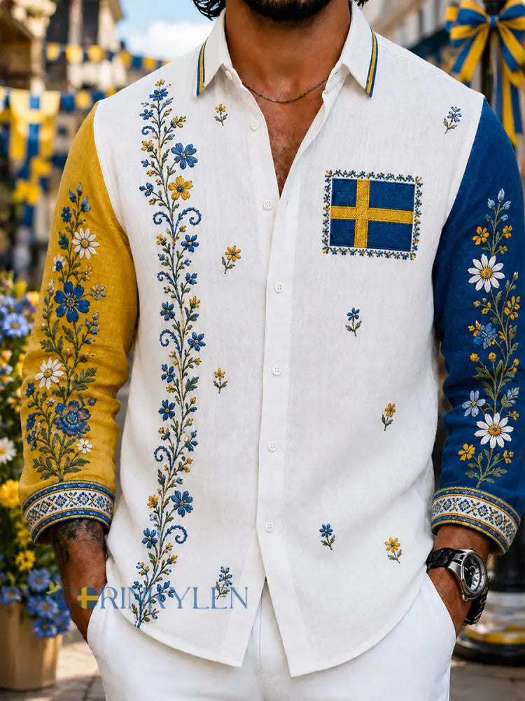 Retro svensk blommig Dalahästtryckt vardagsskjorta - A / S