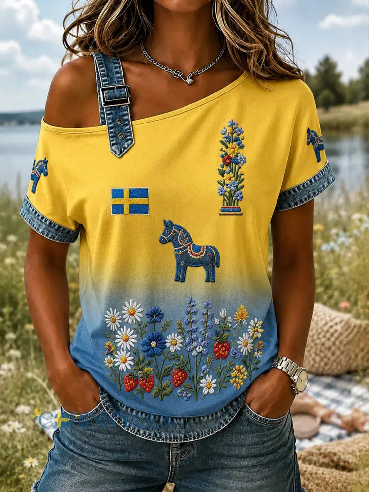 Retro svensk blommig dalahästtryckt vardagströja - A / S