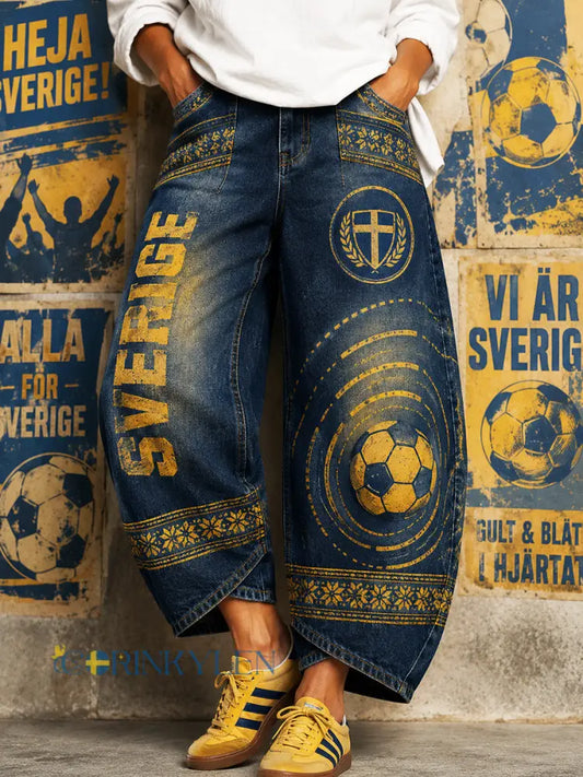 Retro svensk fotbollsfan konsttryck avslappnade jeans - A / S