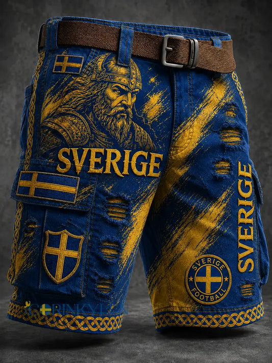 Retro svensk fotbollsfan-konsttryck avslappnade shorts - A / M