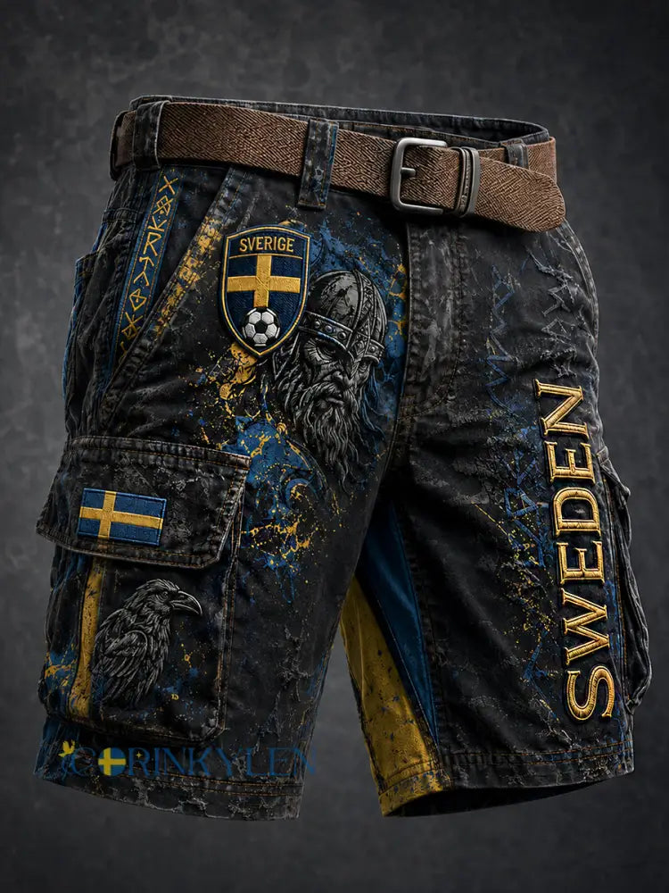 Retro svensk fotbollsfan-konsttryck avslappnade shorts - A / M