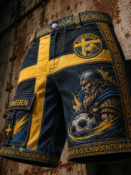 Retro svensk fotbollsfan-konsttryck avslappnade shorts - A / S