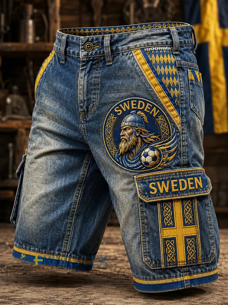 Retro svensk fotbollsfan-konsttryck avslappnade shorts - A / S