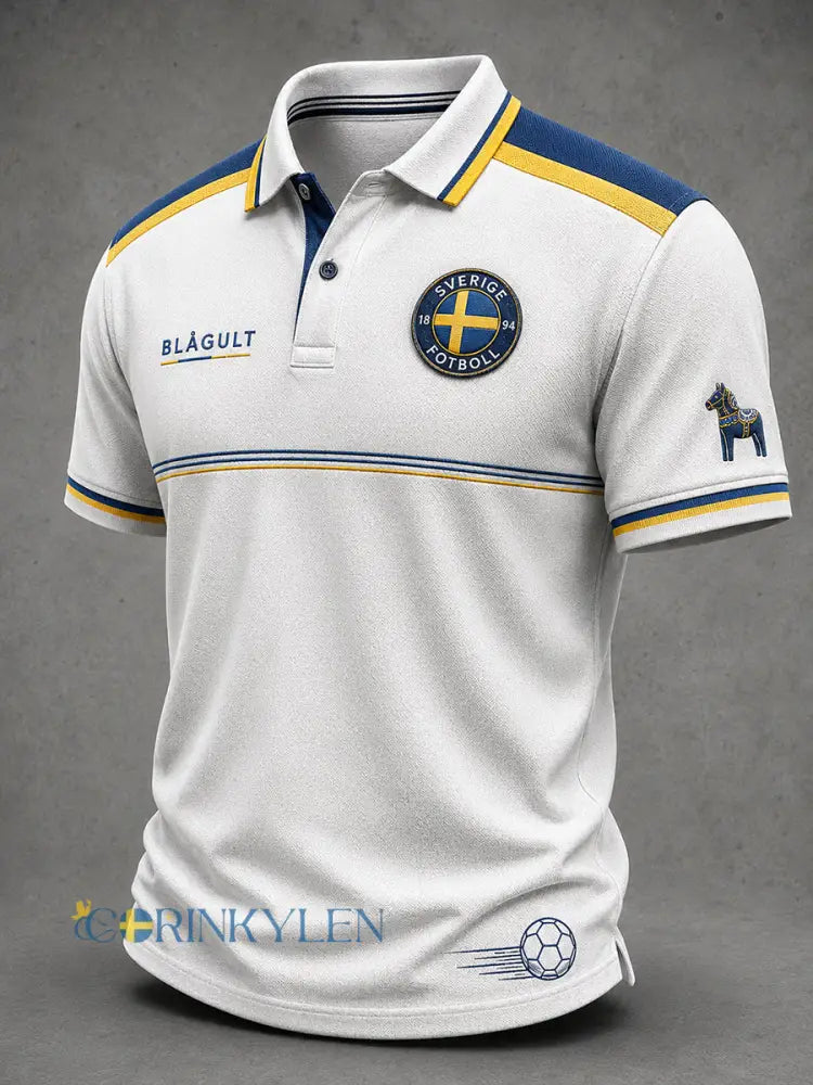Retro svensk fotbollsfan som hejar konsttryck avslappnad pikétröja - A / S