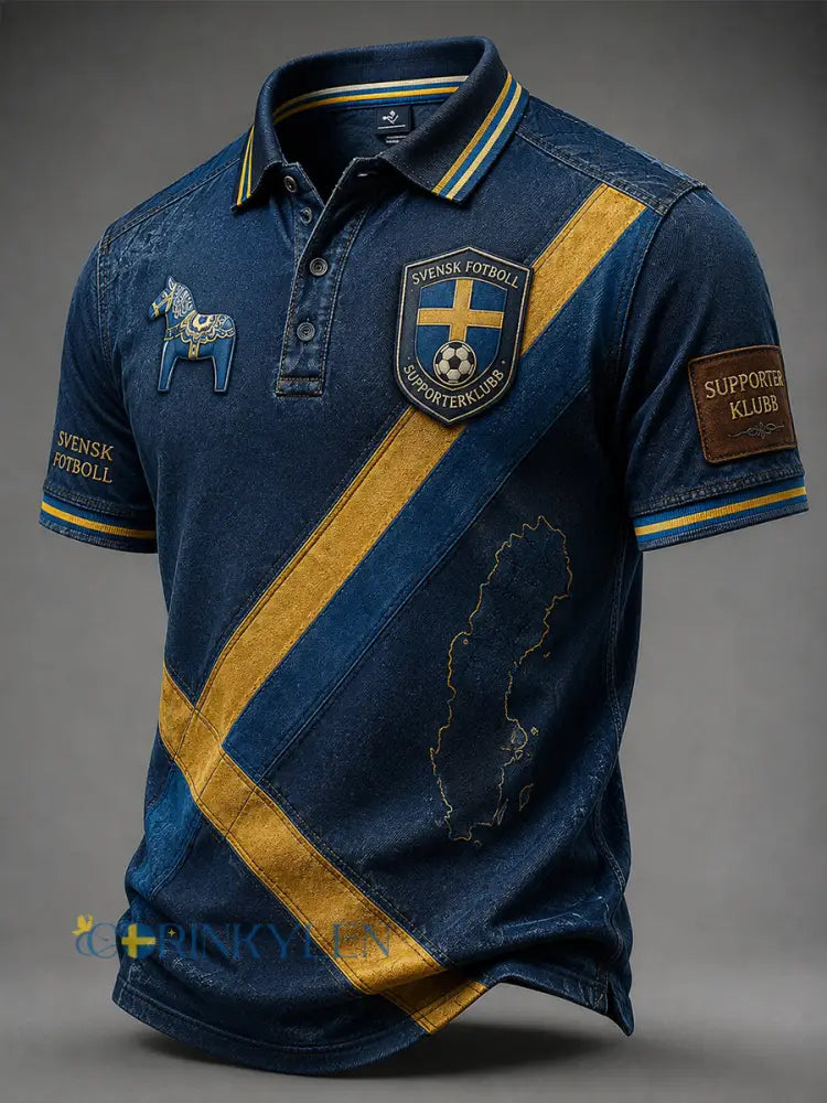 Retro svensk fotbollsfan som hejar konsttryck avslappnad pikétröja - A / S