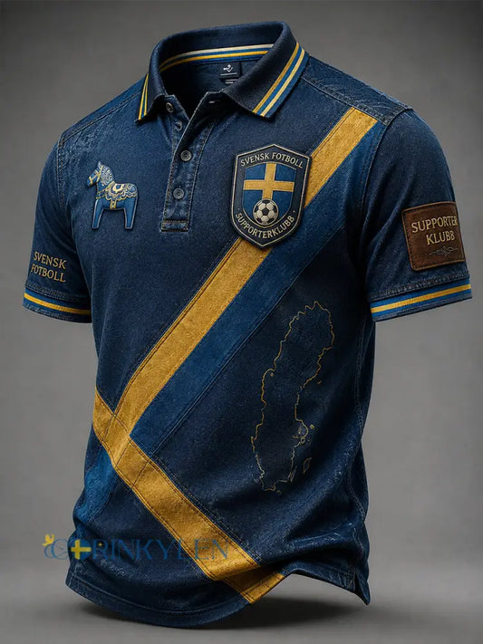 Retro svensk fotbollsfan som hejar konsttryck avslappnad pikétröja - A / S