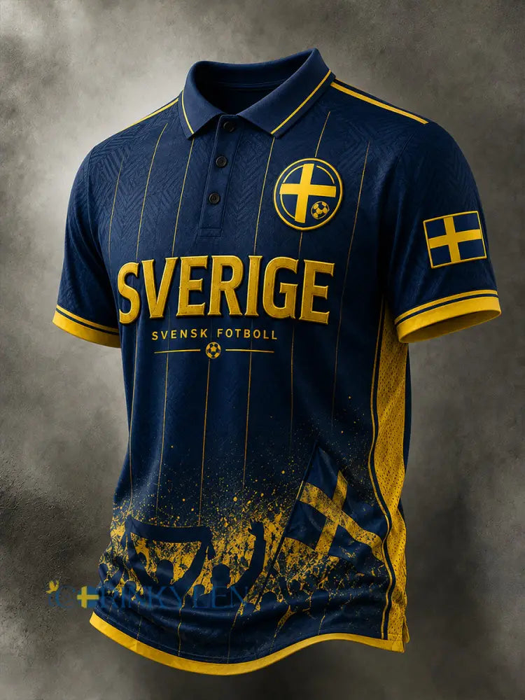 Retro svensk fotbollsfan som hejar konsttryck avslappnad pikétröja - A / S