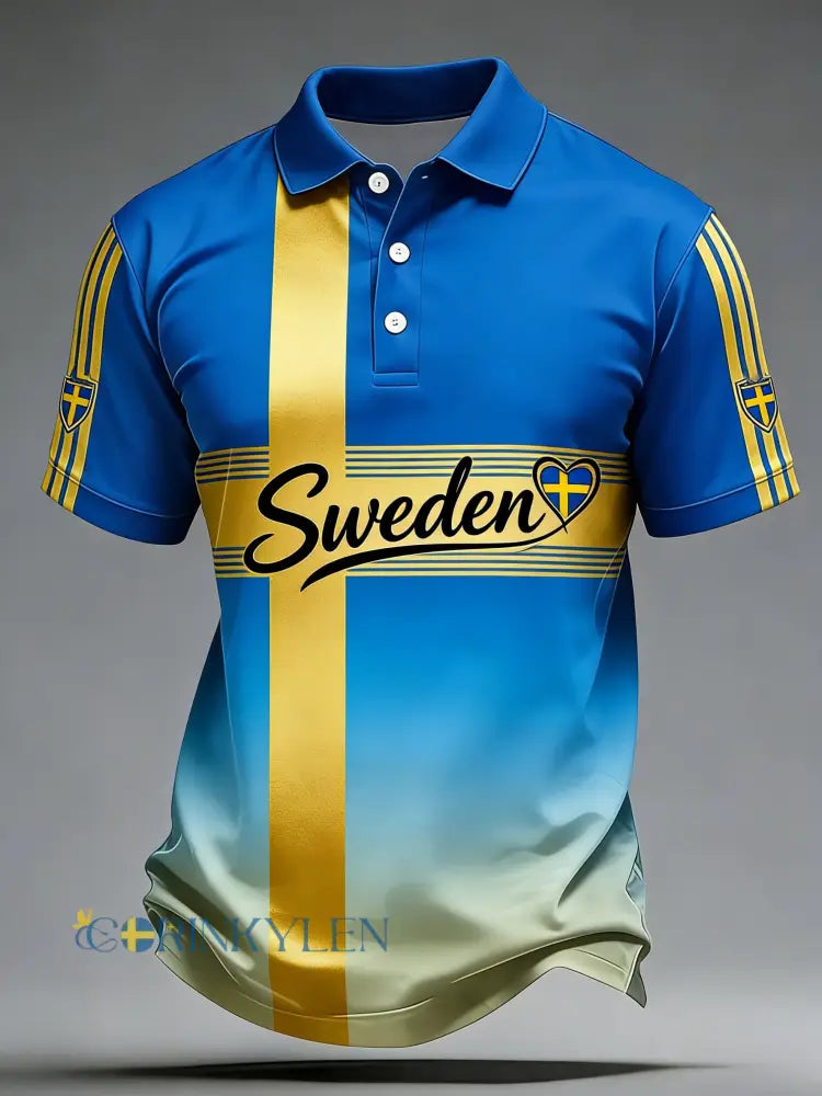 Retro svensk fotbollsflagga emblem avslappnad pikétröja med korta ärmarna - blå / S