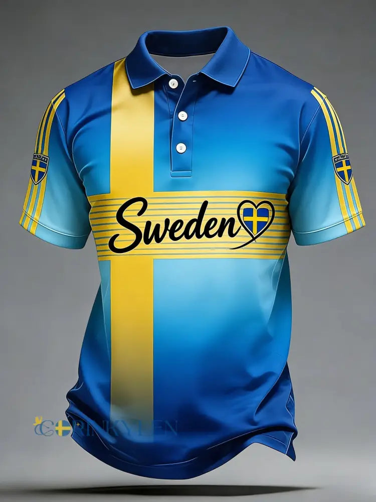 Retro svensk fotbollsflagga emblem avslappnad pikétröja med korta ärmarna - blå / S
