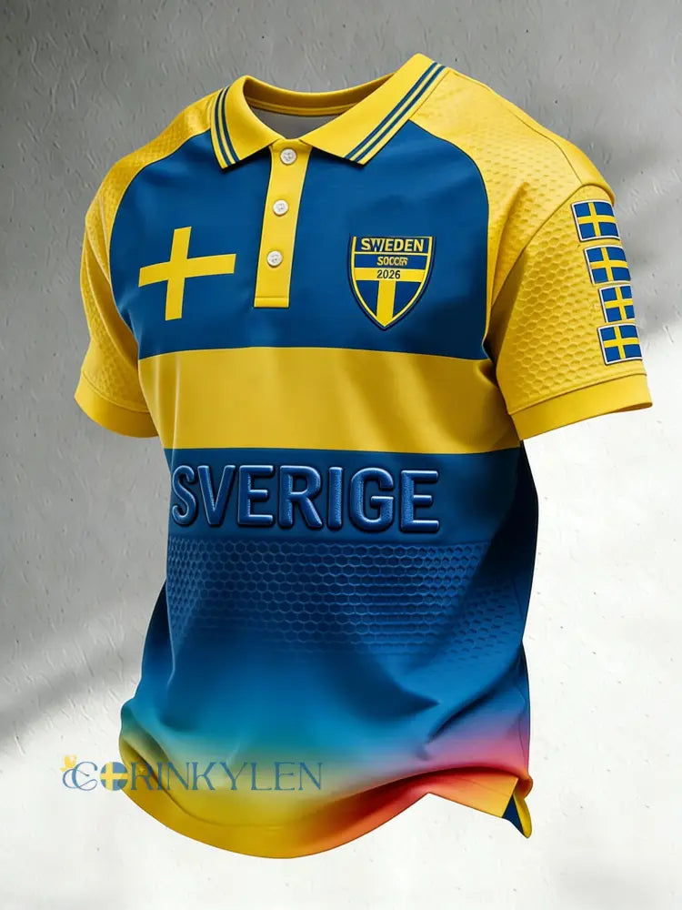 Retro svensk fotbollsflagga emblem avslappnad pikétröja med korta ärmarna - blå / S