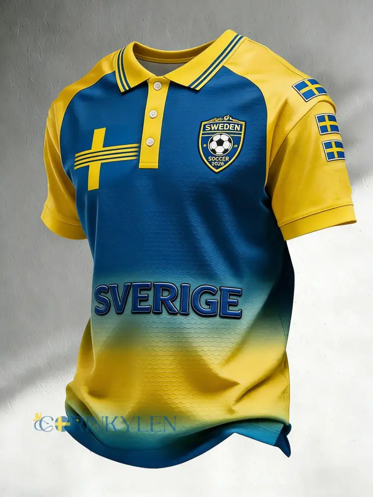 Retro svensk fotbollsflagga emblem avslappnad pikétröja med korta ärmarna - blå / S