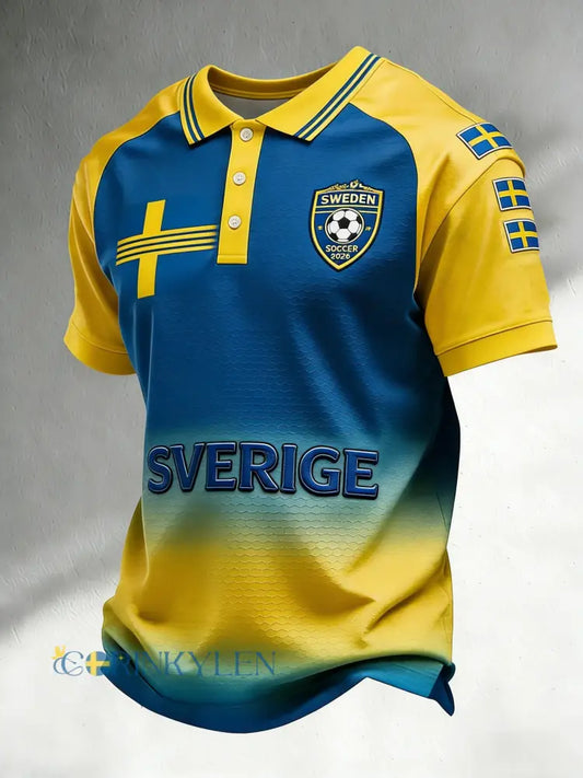 Retro svensk fotbollsflagga emblem avslappnad pikétröja med korta ärmarna - blå / S