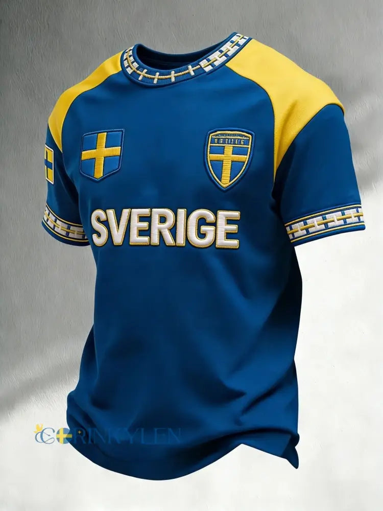 Retro svensk fotbollsflagga märke avslappnad kortärmad t-shirt - blå / S