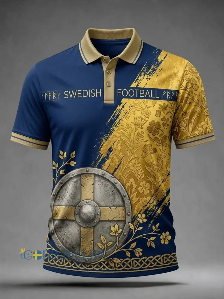 Retro svensk fotbollsflagga-märke avslappnad pikétröja - blå / S