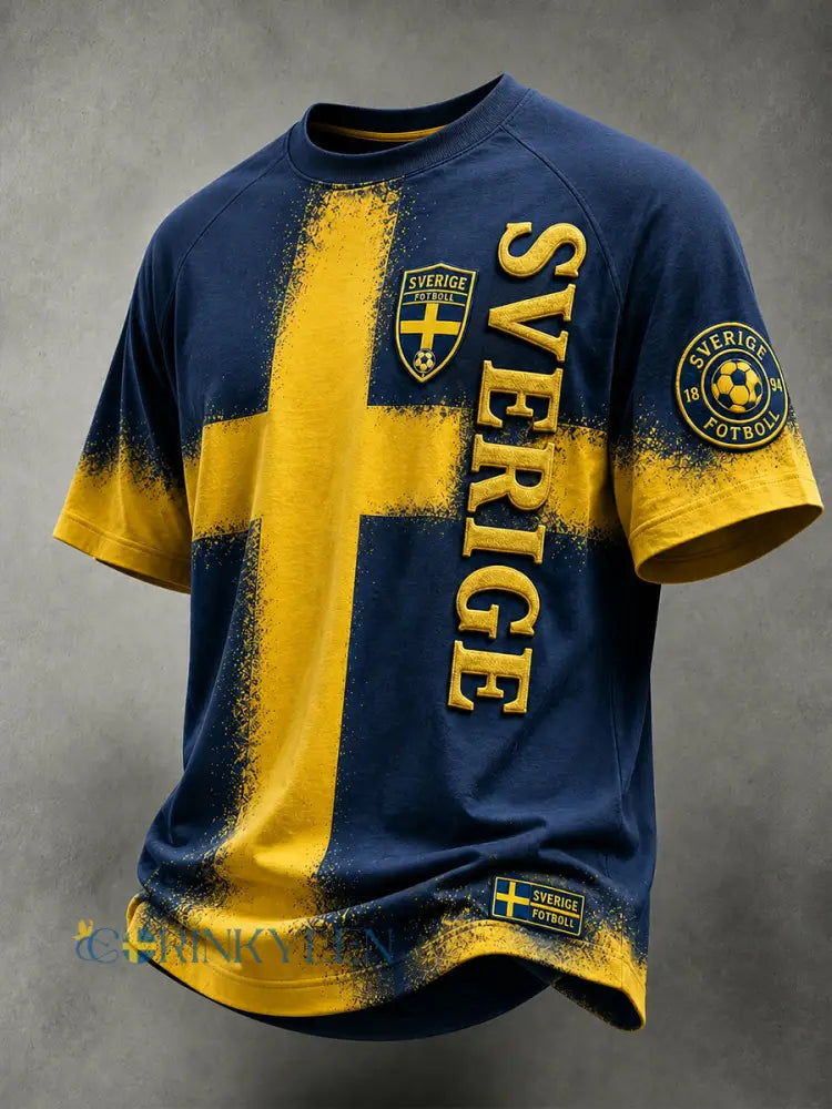 Retro svensk fotbollslandslagsflagga med emblem och t-shirt i vikingastil med korta ärmarna - A / S