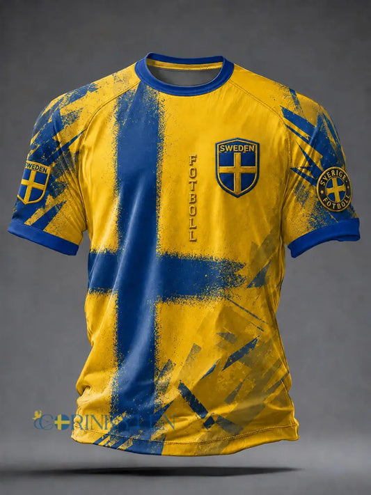 Retro svensk fotbollslandslagsflagga med emblem och t-shirt i vikingastil med korta ärmarna - A / S