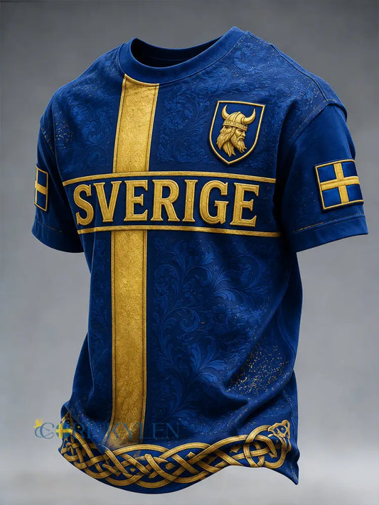 Retro svensk fotbollslandslagsflagga med emblem och t-shirt i vikingastil med korta ärmarna - A / S