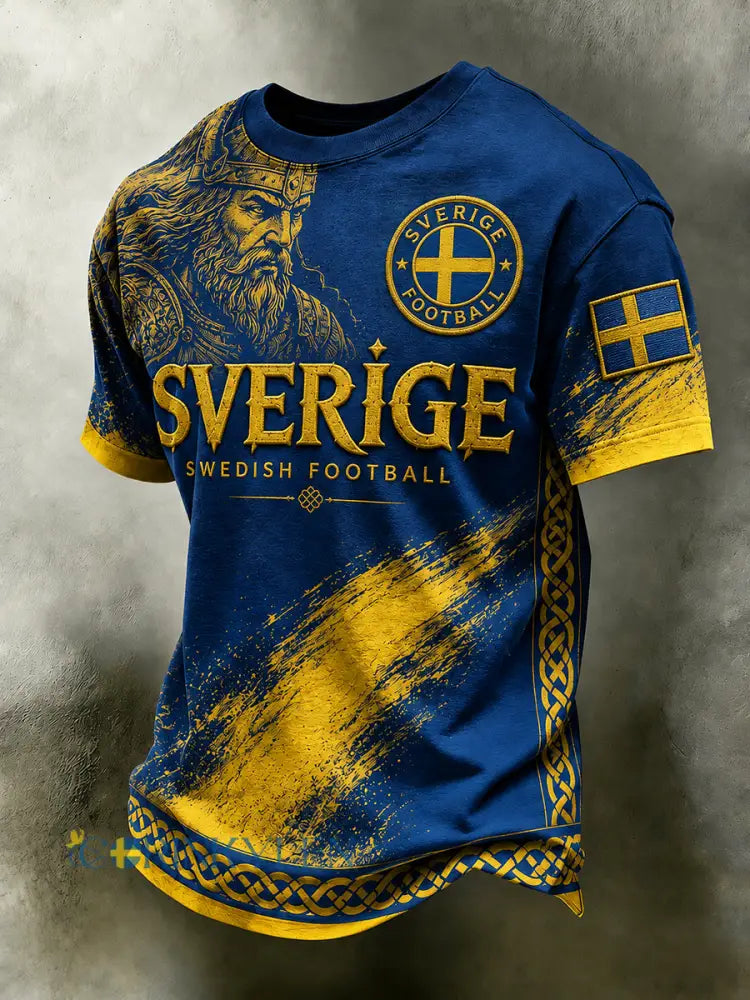 Retro svensk fotbollslandslagsflagga med emblem och t-shirt i vikingastil med korta ärmarna - A / S