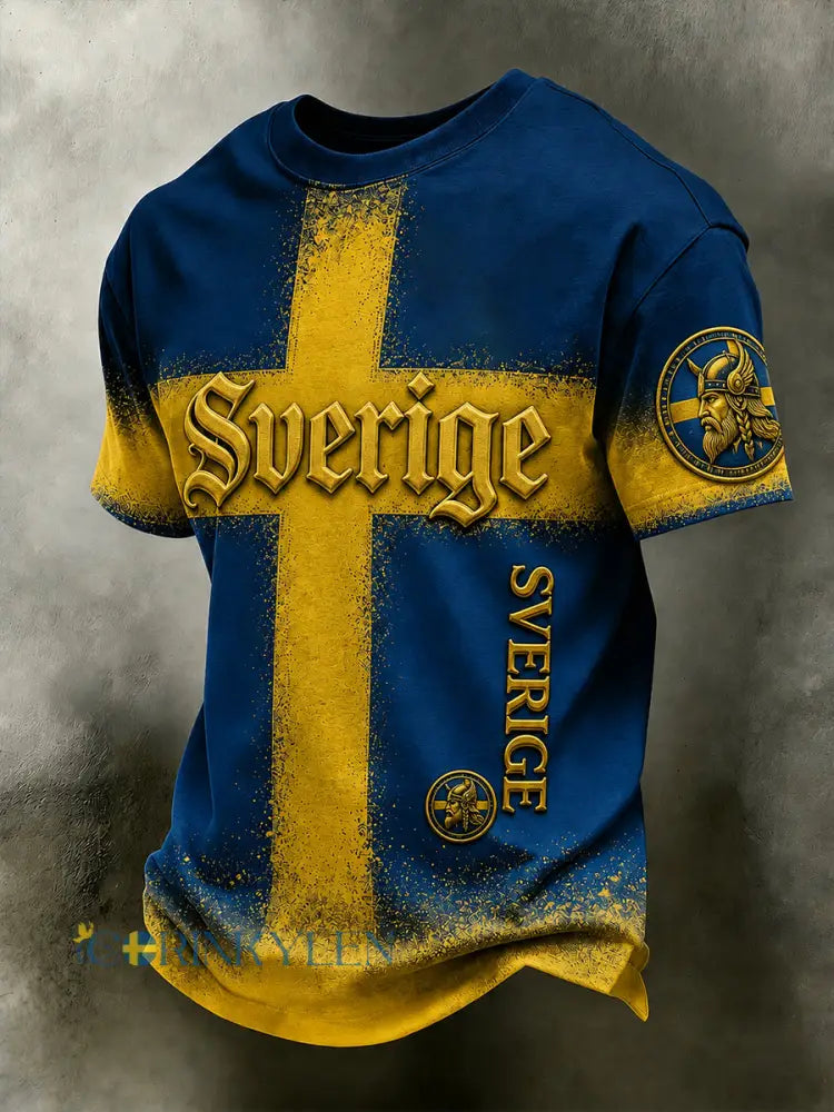 Retro svensk fotbollslandslagsflagga med emblem och t-shirt i vikingastil med korta ärmarna - A / S