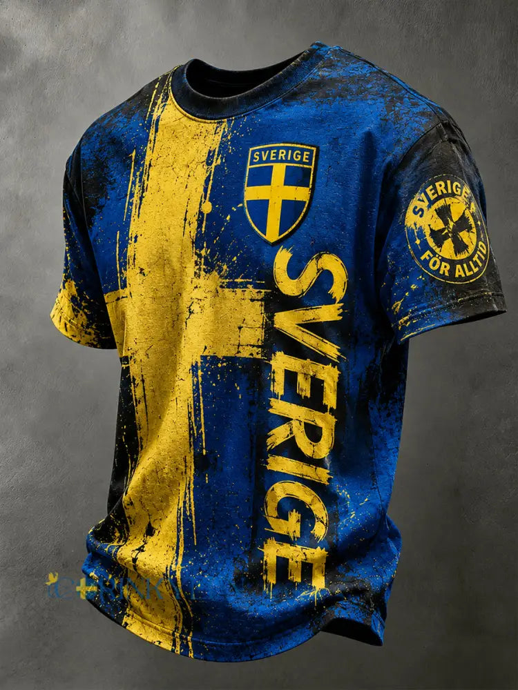 Retro svensk fotbollslandslagsflagga med emblem och t-shirt i vikingastil med korta ärmarna - A / S