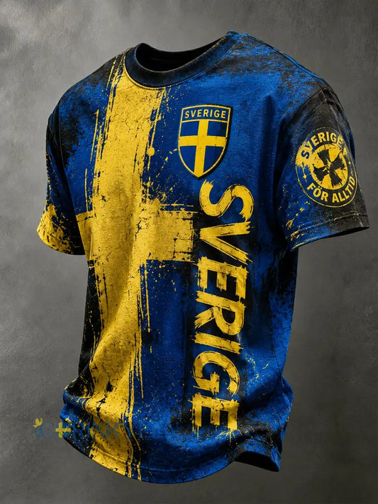 Retro svensk fotbollslandslagsflagga med emblem och t-shirt i vikingastil med korta ärmarna - A / S