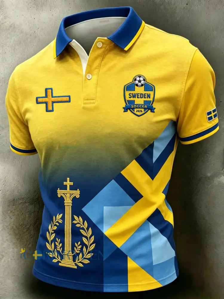 Retro svensk fotbollsstil 2026 lappad luftig pikétröja - blå / S
