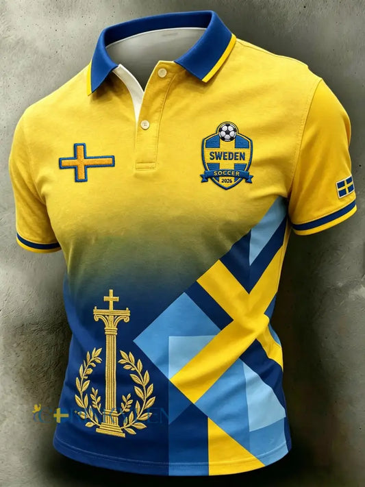 Retro svensk fotbollsstil 2026 lappad luftig pikétröja - blå / S