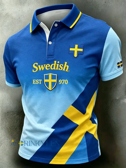 Retro svensk fotbollsstil 2026 lappad luftig pikétröja - blå / S
