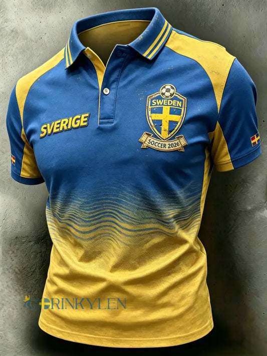 Retro svensk fotbollsstil 2026 lappad luftig pikétröja - blå / S