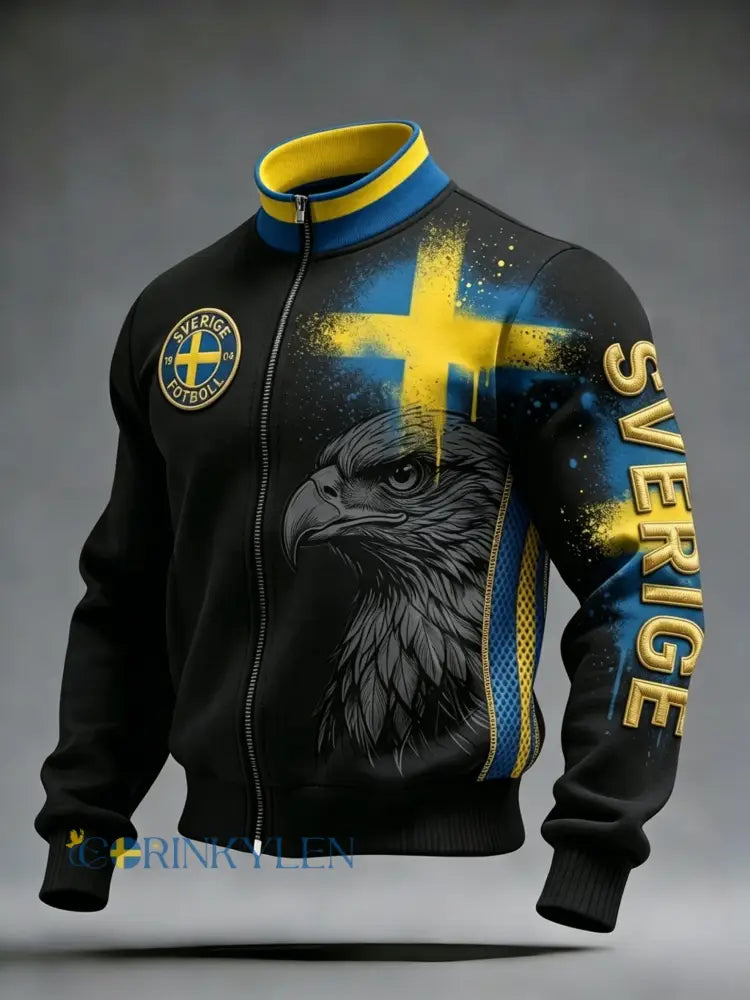 Retro svensk fotbollssupporter avslappnad sportig jacka med ståkrage - svart / S
