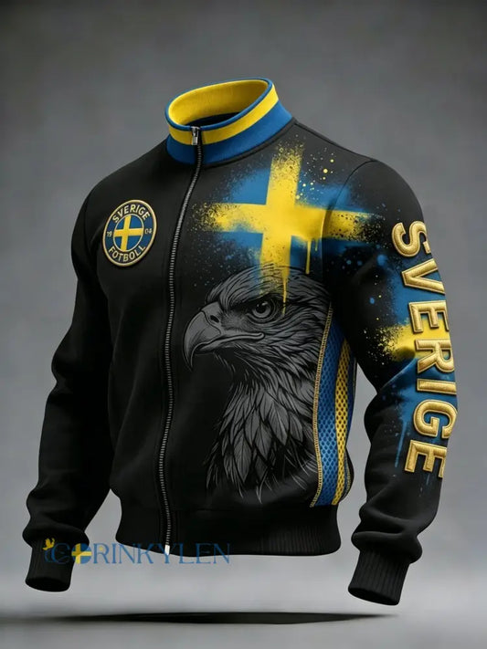 Retro svensk fotbollssupporter avslappnad sportig jacka med ståkrage - svart / S