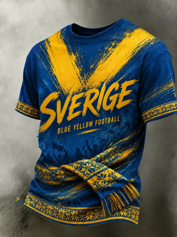 Retro svensk fotbollssupporter som hejar konsttryck avslappnad t-shirt - A / S