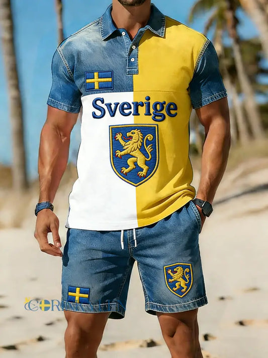 Retro svensk konststiltryck avslappnat polo- och shortsset - A / S